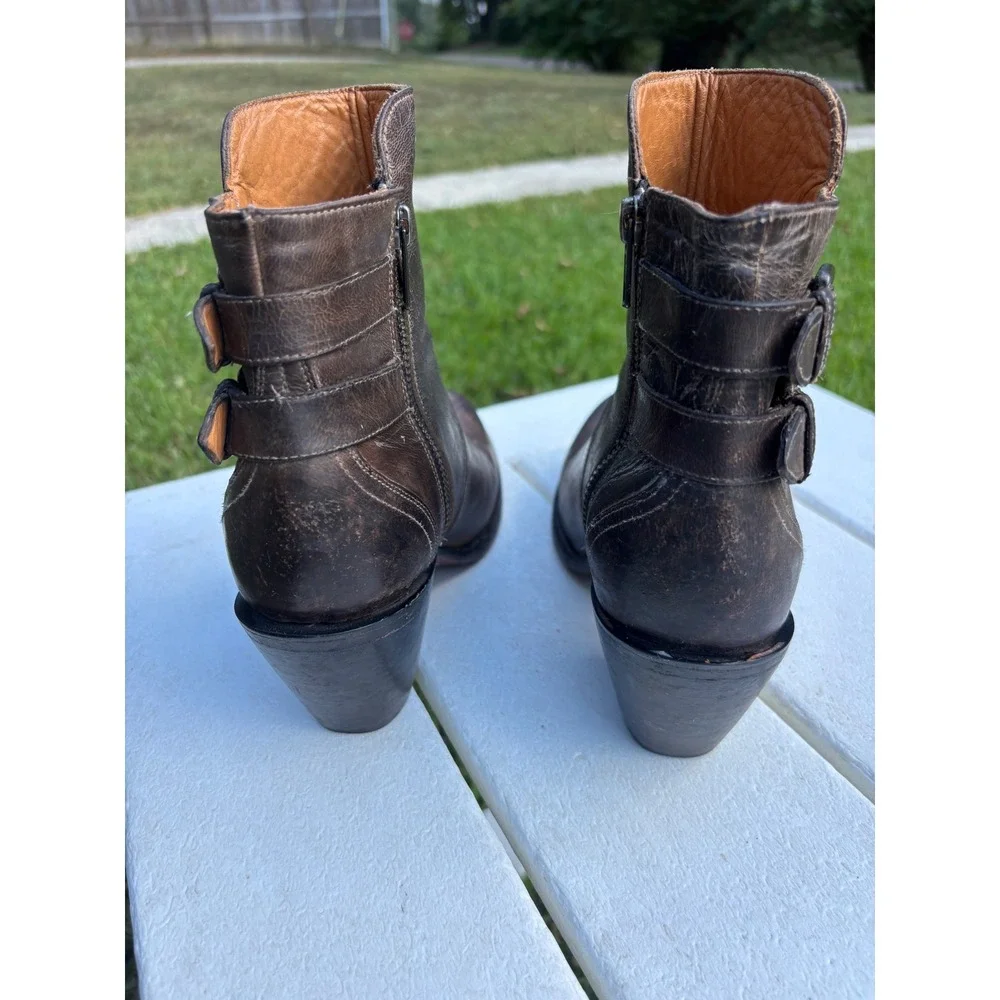 Lucchese M5847 Leather Western Ankle Boots Buckle Straps Round Toe 7B Womens